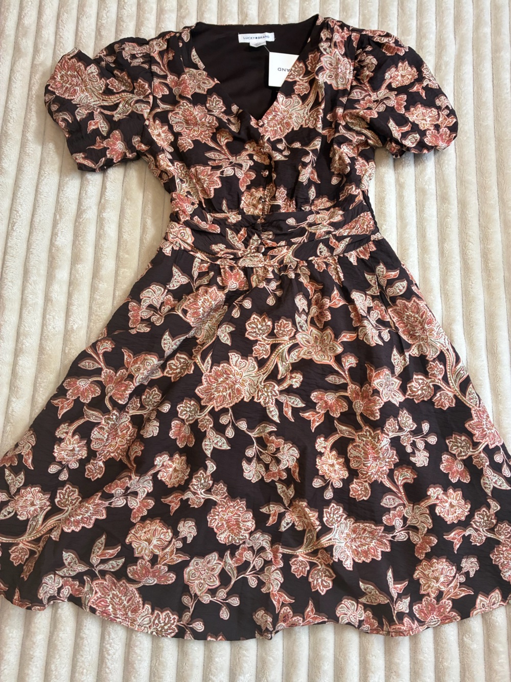 Lucky Brand Women’s XS Brown Floral Puff Sleeve Mini Dress NWT
